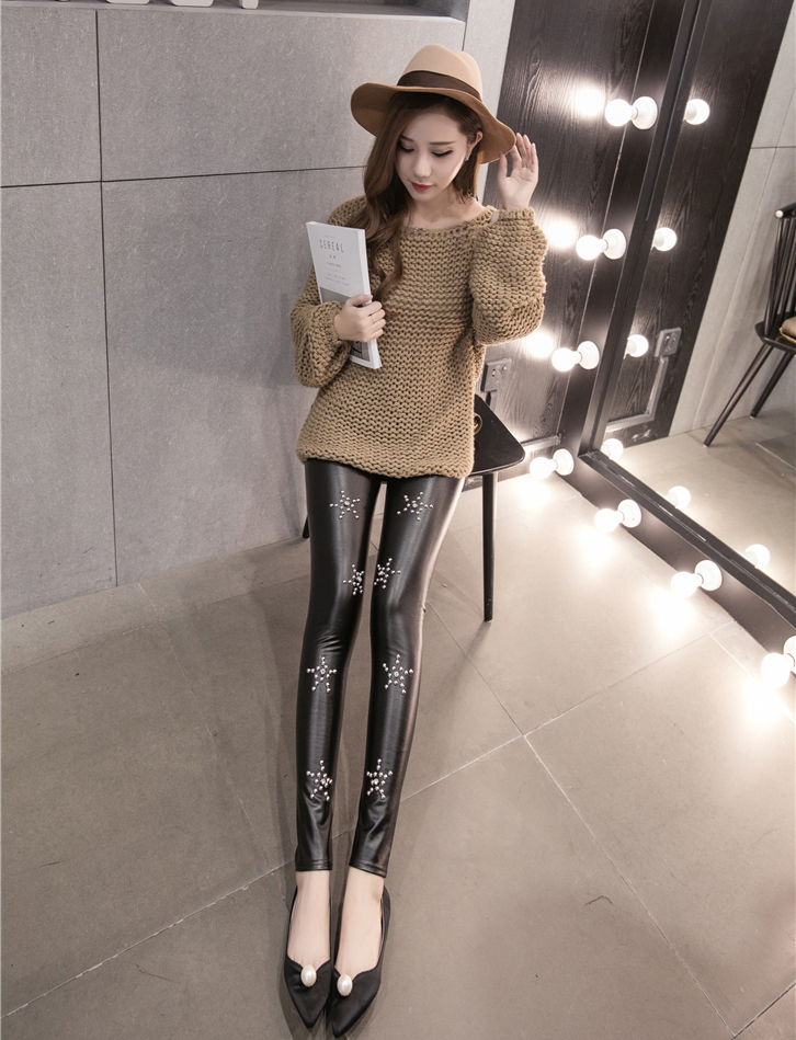 SZ60085 Women Trendy Studded Lace Rivet Leggings Thermal Faux Leather Pants